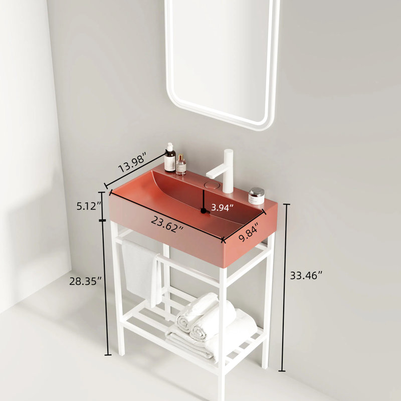 Lavabo de salle de bain en céramique 24 po, rouge sans armoire - et lavabo encastré lisse