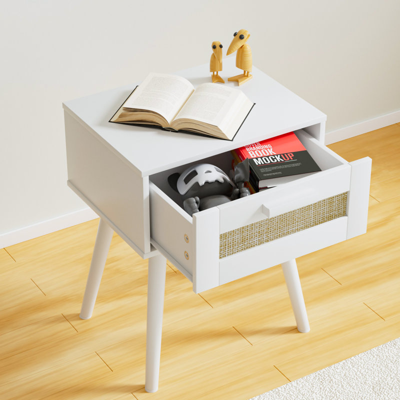 Natural Rattan Wooden Nightstand, Bedside Table for Bedroom Storage(Withe), White