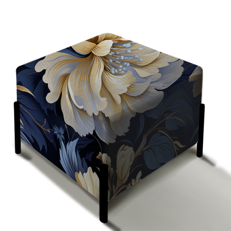 Repose-pieds carré fleuri bleu profond et marguerite blanche
