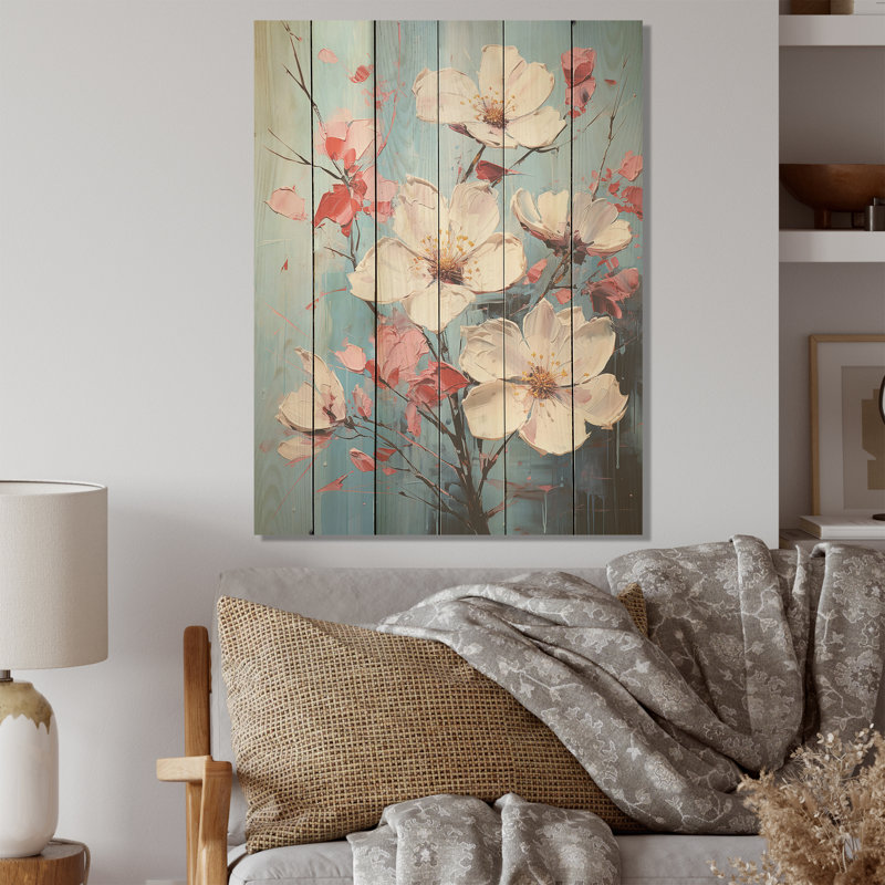 Fusion de cornouiller rose fauve - cornouiller sur bois de pin naturel, H 40 po x l 30 po