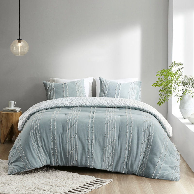 Édredon en coton double / grand - Rayures brodées de couleur naturelle et taies décoratives assorties à finition de couette pour lit