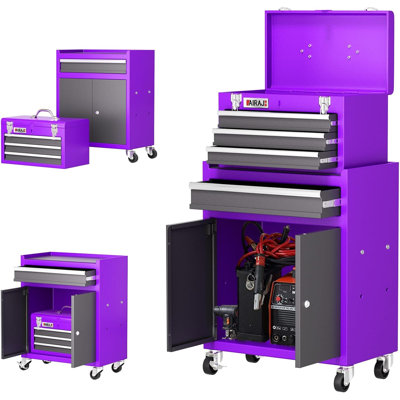 Coffre à outils 4 tiroirs à roulettes avec 4 roulettes pivotantes, armoire à outils amovible en métal 2-en-1 avec portes doubles, rangement grande capacité pour garage atelier, mauve