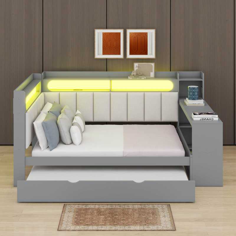 Full Size Multi-Function Daybed With Storage Drawers And Built-In Shelves & Desk, Corner Bed Frame With LED Light, Gray