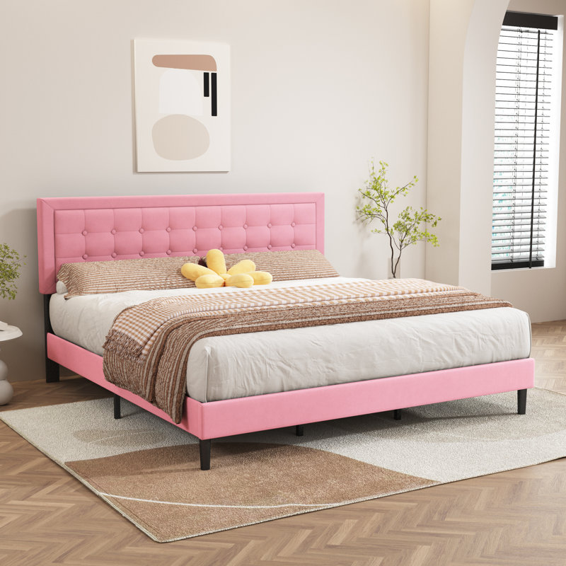 Anghelina Upholstered Platform Bed, King, Pink