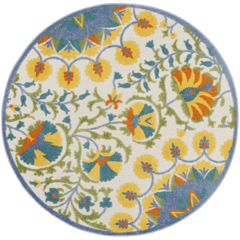 Adalia Floral Green/Yellow/Blue Indoor/Outdoor Area Rug, Round 5'3"