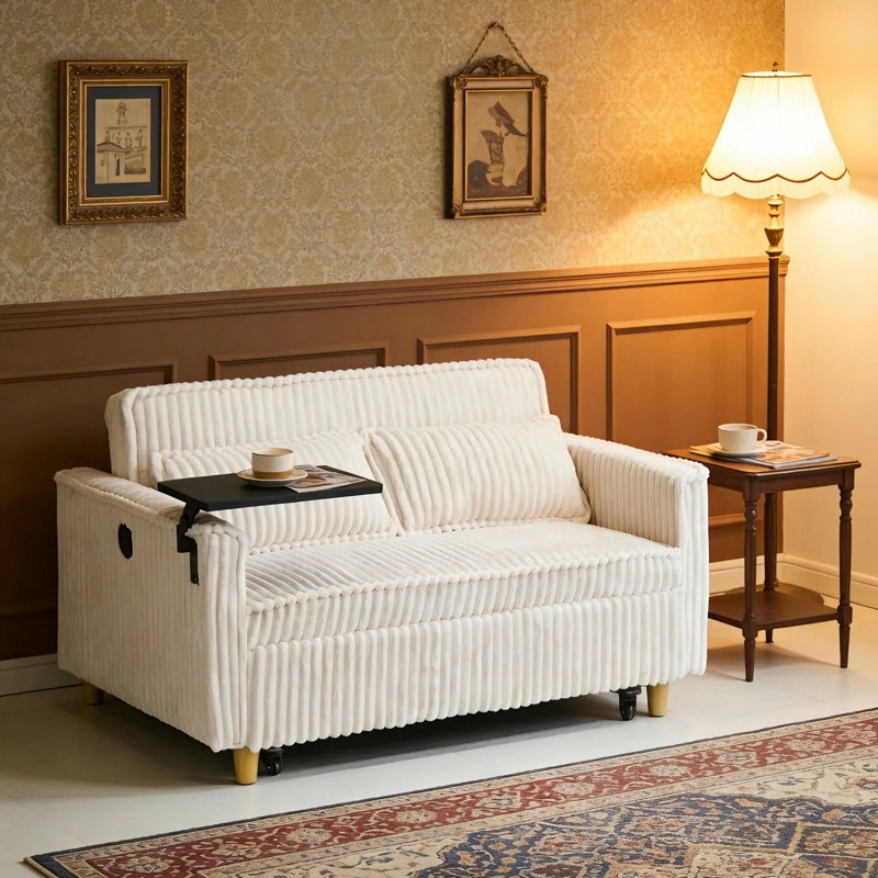 Corduroy Upholstered Convertible 2-Seater Sofa Sleeper Sofa Bed with USB Ports and Integrated Side Table, Beige
