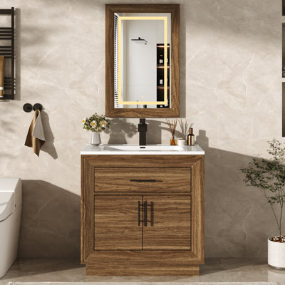 30" Single Bathroom Vanity Set with Ceramic Sink LED Mirror, Modern Bathroom Vanity with Tip-out Drawer & Door-Mounted Organization