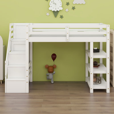Loft Bed With Shelves, Storage Staircase, Small Wardrobe And LED Light