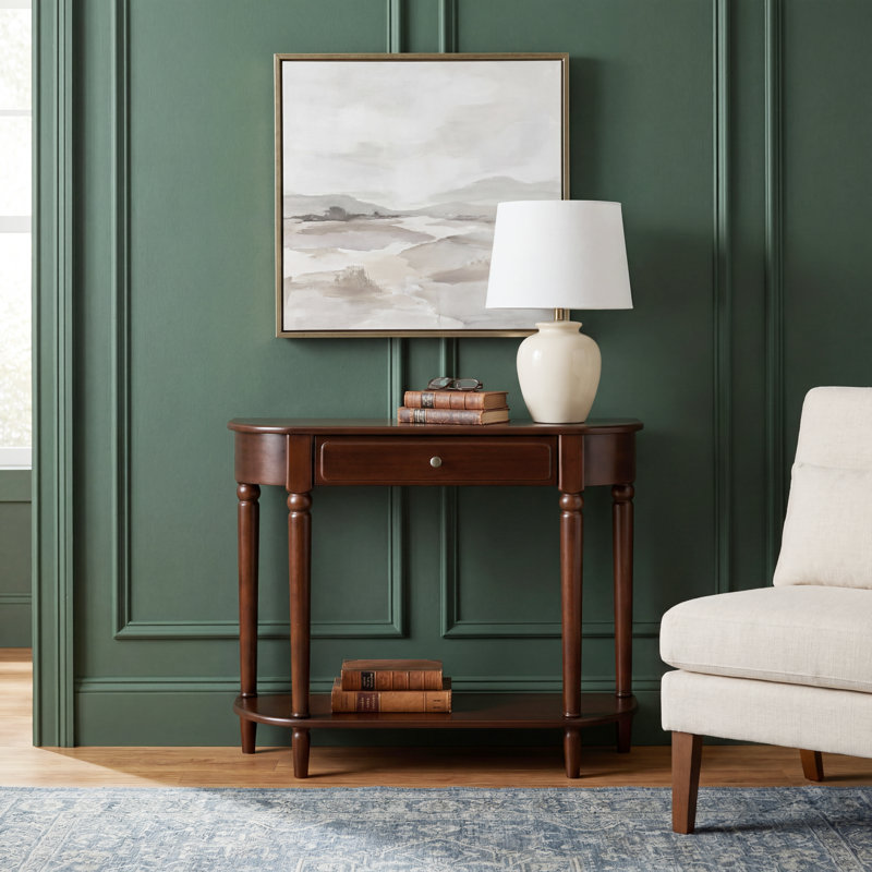 Alden 37"W Traditonal Small Solid Wood Console Table with Shelf, Drawer, Turned Legs, Dark Brown