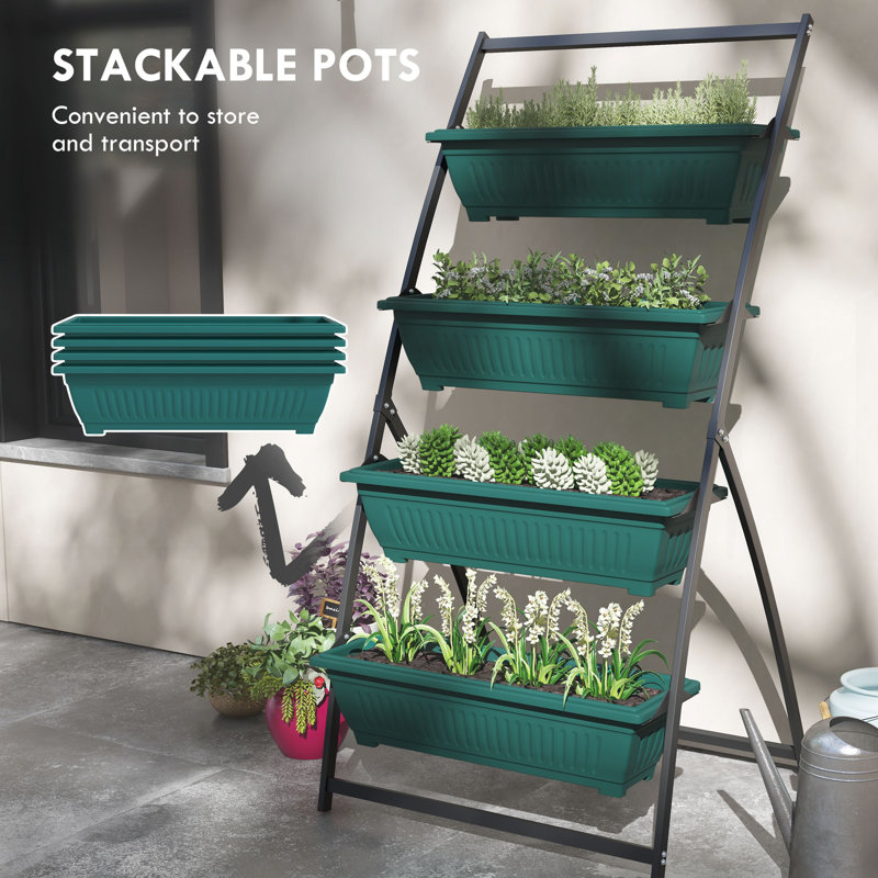 4-tier vertical garden planter with self-draining design, Green