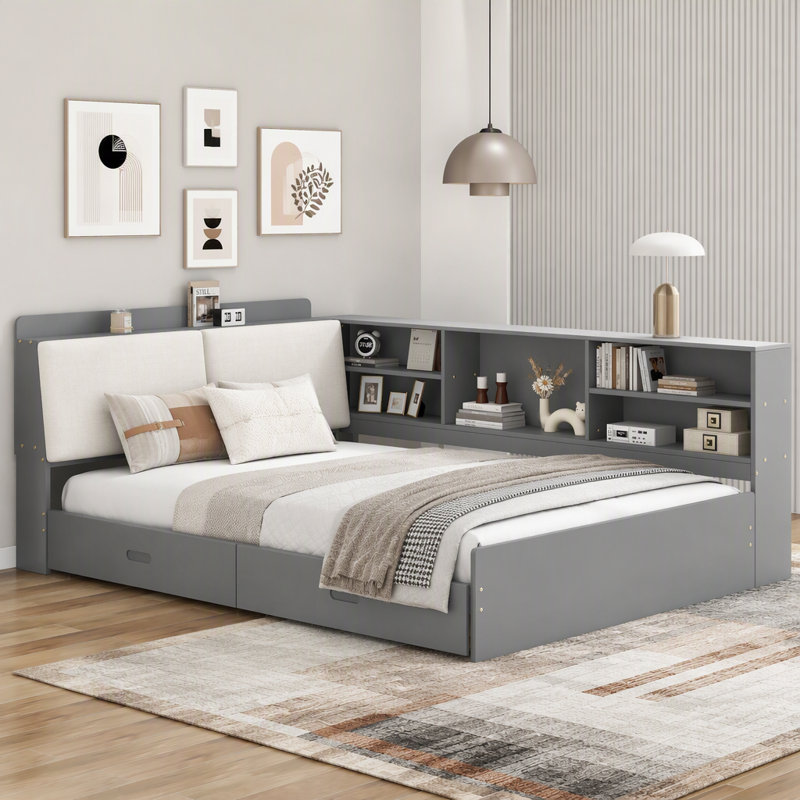 Lit plateforme avec tête de lit, tablettes et 2 tiroirs, Double, Gris