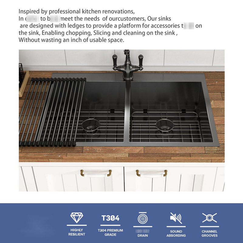 33"X22" Gunmetal Black Sink - 18 Gauge Stainless Steel Double Bowl, Rustproof Design Bowl 33X22 Inch, Steel, Kitchen Basin