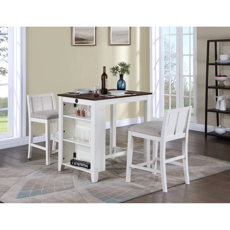 Table de salle à manger à hauteur de comptoir blanche de 36 po avec tablettes et 3 tablettes. Comprend 1 table et 2 chaises. Ports. Économie d'espace. Table: l 36 po x P 28 po x H 35,5 po. Chaise: l 20 po x P 21 po x H 33 po. Hauteur du siège: 25 po Chaises en tissu crème