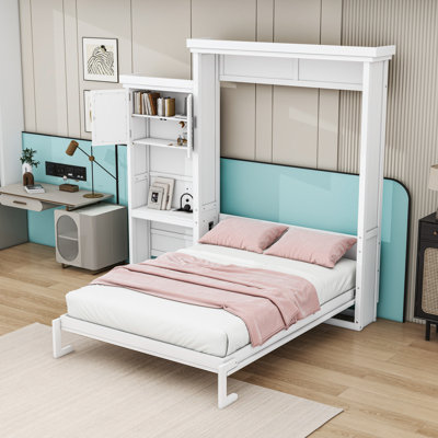 Lit escamotable en bois avec tablettes