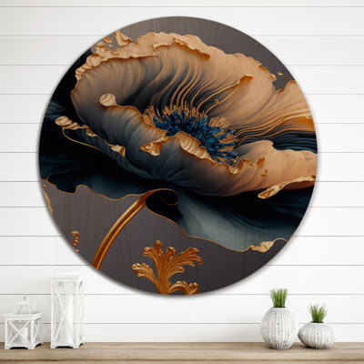 Bleu profond et fleur simple dorée VI - Art mural en bois floral et botanique - Bois de pin naturel