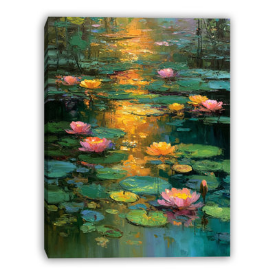 Golden Reflections Lily Pond Wrapped Canvas Wall Art