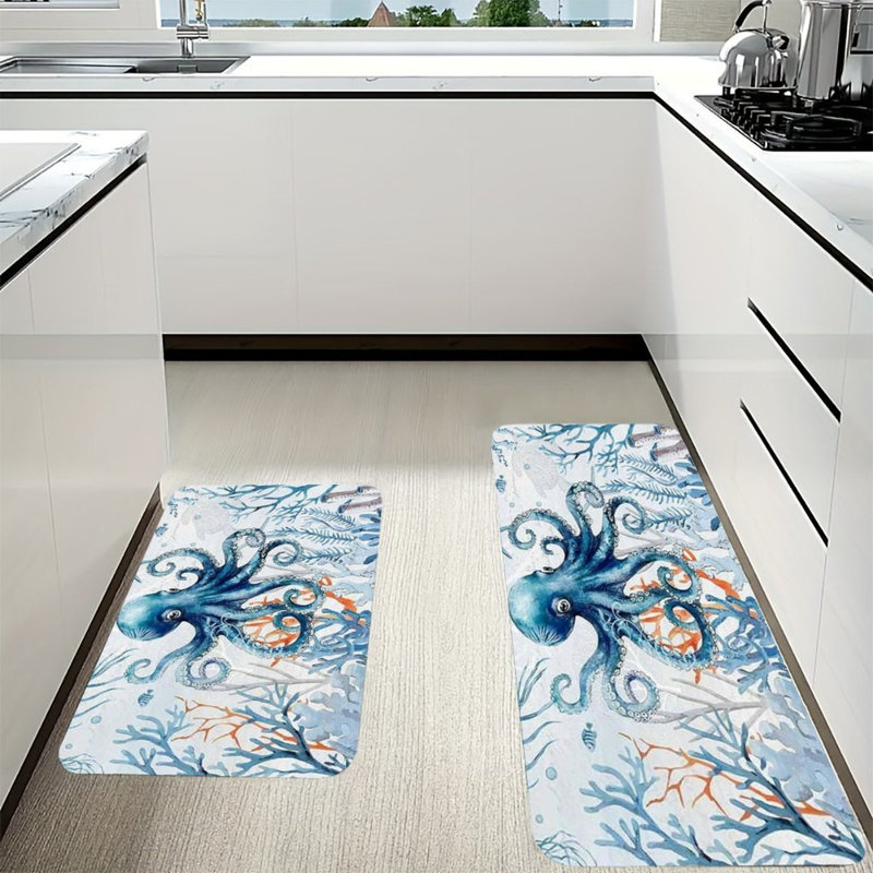 Tapis de sol Coastal Octopus Coral, tapis de flanelle antidérapant 2 pièces pour la cuisine et la salle de bain