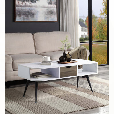 Table basse avec tiroir de rangement et compartiments ouverts - Finition blanche et noire