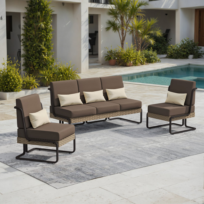 5 - Person Aluminum & Wicker Outdoor Sofa Seating Group With Cushions & Pillows, Khaki/Brown