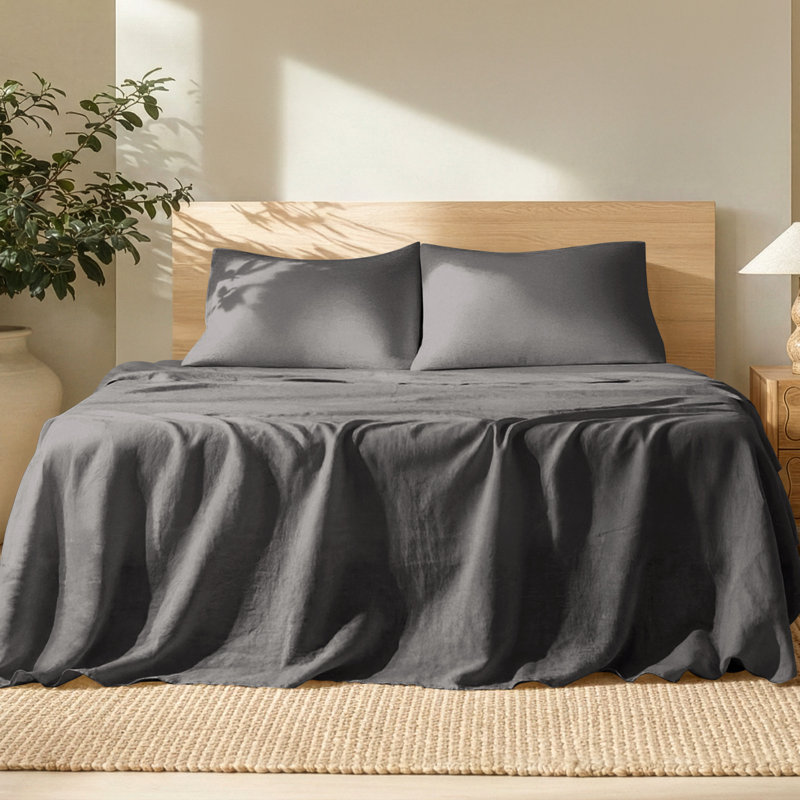 100% Linen Sheet Set, Twin Extra Long Sheet Set with 1 Pillowcase, Gray