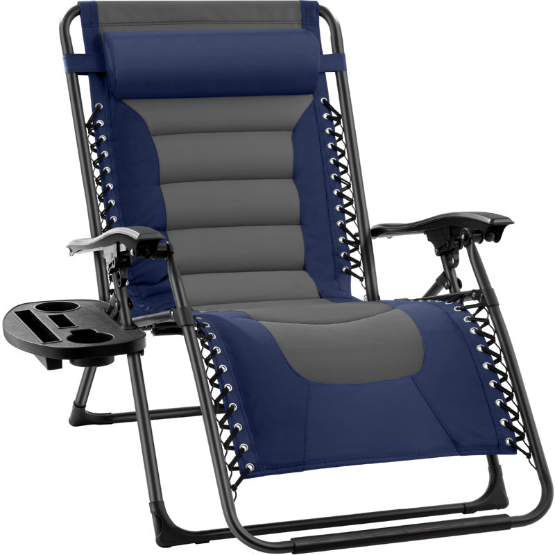 Danny-James Oversized Padded Zero Gravity Chair, Folding Outdoor Patio Recliner w/ Side Tray, Navy/Gray