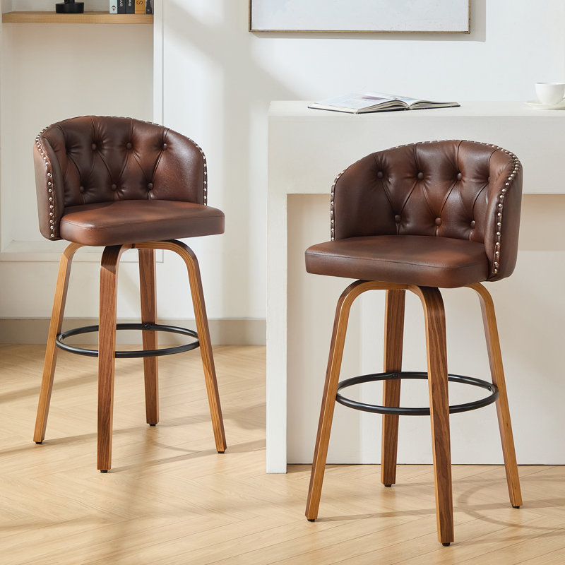 Counter Height Upholstered Swivel Bar Stools Set of 2, Modern Kitchen Island Chairs with Wide Backrest, Solid Wood Legs & Nailhead Trim