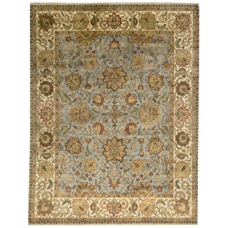 Tapis bleu clair et ivoire noué à la main de haute qualité