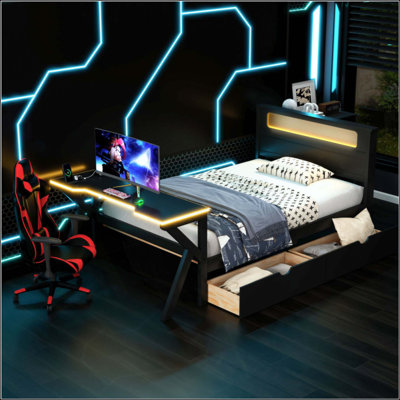 Lit plateforme en bois avec tête de lit à DEL, bureau à DEL, USB et deux tiroirs de rangement