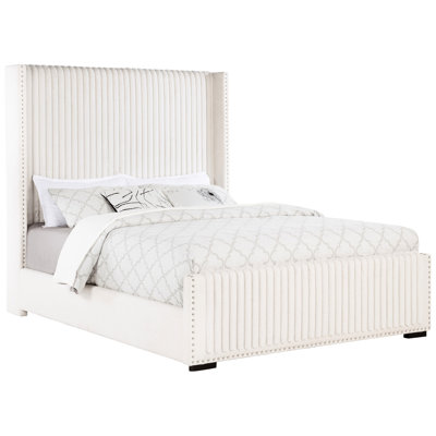 Modern Cream Upholstered Queen Bed With Wingback Headboard, Design, And Nailhead Trim For Bedroom Decor Wingback, Low - Profile , Stable Support Legs