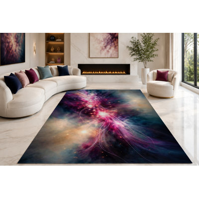 Tapis ultra-léger de 200 x 300 cm (6'7" x 9'10") à motif nébuleuse cosmique, idéal pour le salon, la chambre à coucher et le bureau. Moquette douce à poils courts avec envers antidérapant en silicone, violet et bleu.