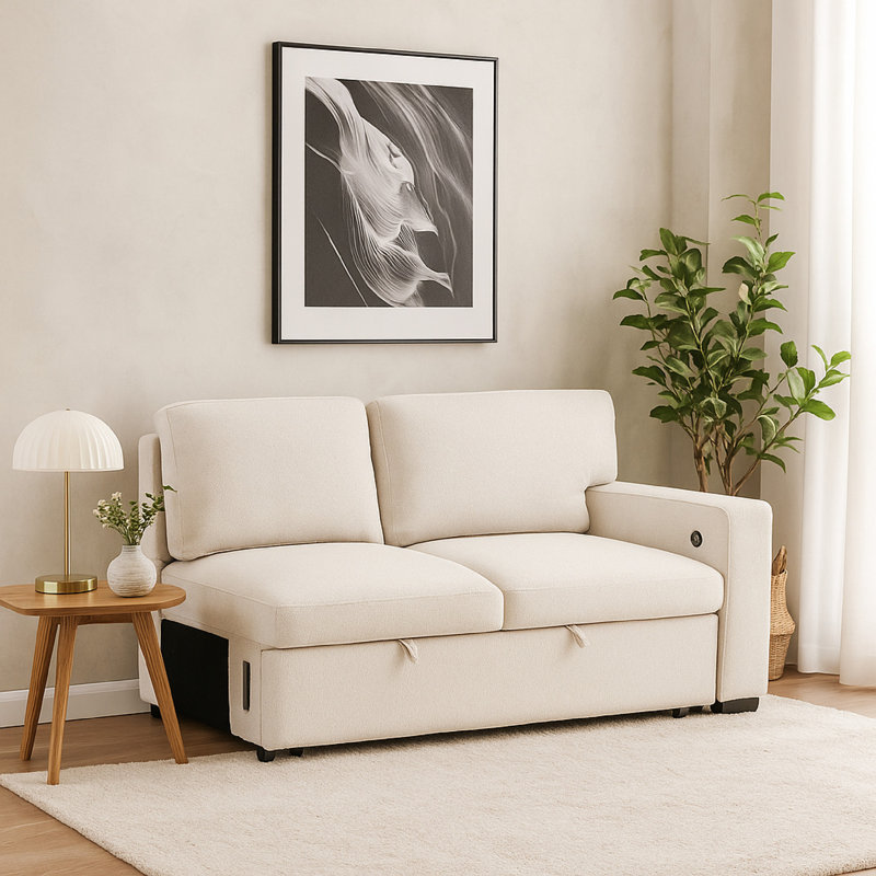 Ompa Modular Armless Sofa With Storage, Boucle, 52 Inch, Cream Beige