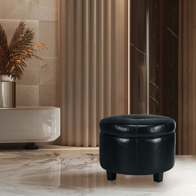 Lecuyer Faux Leather Storage Ottoman with Rubberwood Legs, Black