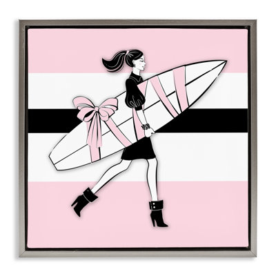 «Glam Girl with Surfboard», toile encadrée flottante grise par Martina Pavlova