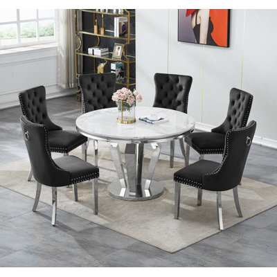Round Dining Table Set, Faux Marble Dining Table & Velvet Chairs with Stainless Steel Pedestal, 44.88" Dining Room Table and Chairs Set, Luxury Circle Dining Table Set