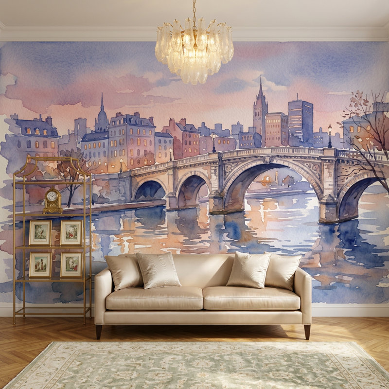 Stone Arch Bridge Wallpaper Cityscape River Reflections Wall Mural, Non-Woven Nonpasted, 140"x108"