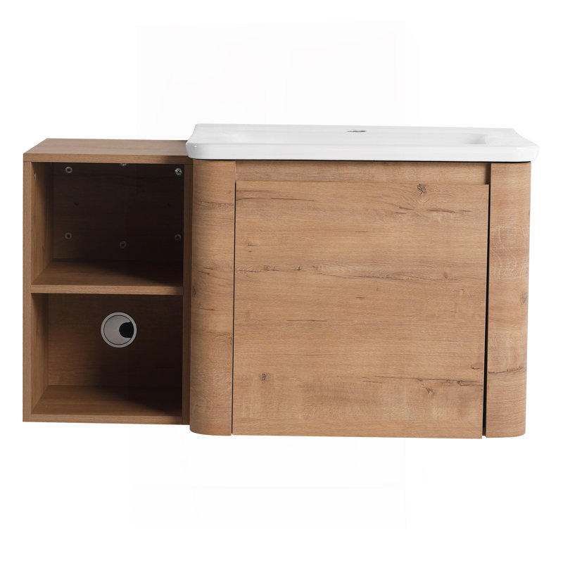 Meuble-lavabo mural 36 po avec lavabo en céramique blanche et tablettes de rangement et 1 porte à fermeture en douceur, emballage KD, contreplaqué
