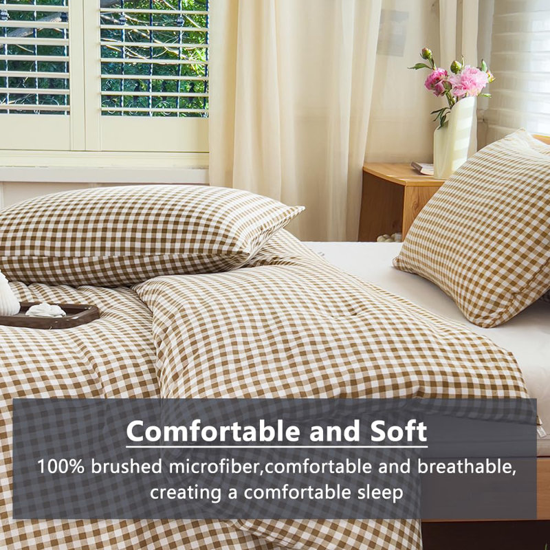 Gingham Comforter Set, Pre-Washed Microfiber Ultra-Soft Plaid  Grid Comforter Set, King Comforter + 2 Pillowcases