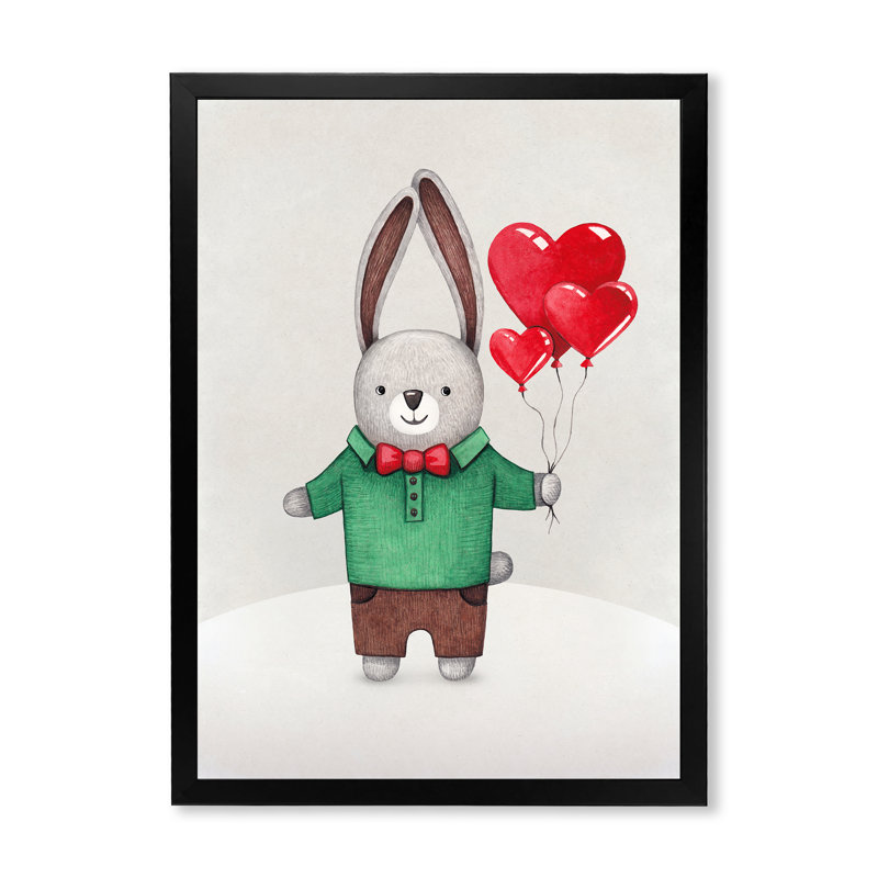 Petit mignon lapin tenant des ballons - peinture sur toile, H 20 po x l 12 po x P 1 po, Cadre d'angle fermé noir