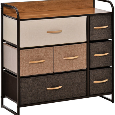 7 Dresser: Organize Your Bedroom. Fabric Drawers, Wood. 3 Storage With Portable Feature. Steel Frame. Toppling. 31.5" W X 11.5" D 31" H. Brown Dresser For Wooden Top. Foldable Drawers Easy