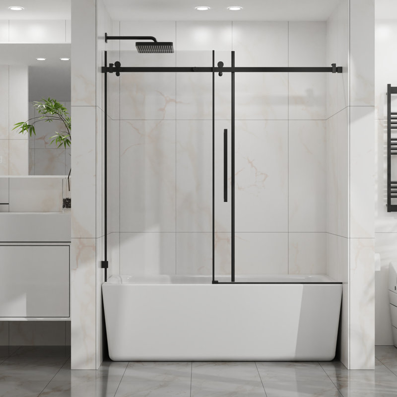 Porte coulissante en verre de l 60 po x H 58 po, verre trempé transparent de 1/4 po (6 mm) d'épaisseur, rouleaux corrosifs, fonctionnement silencieux, douche de baignoire moderne noir mat de 6 mm avec revêtement facile à nettoyer, largeur réglable