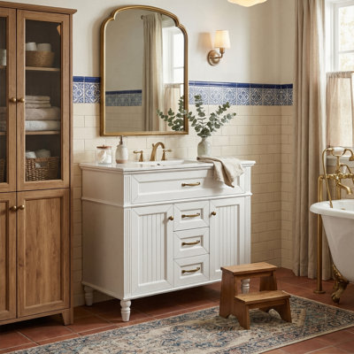 36" Solid Wood & MDF Vanity Combo With Sink, Heavy-Duty Storage Cabinet With Soft-Close Doors & 3 Drawers (White / Black / Green)