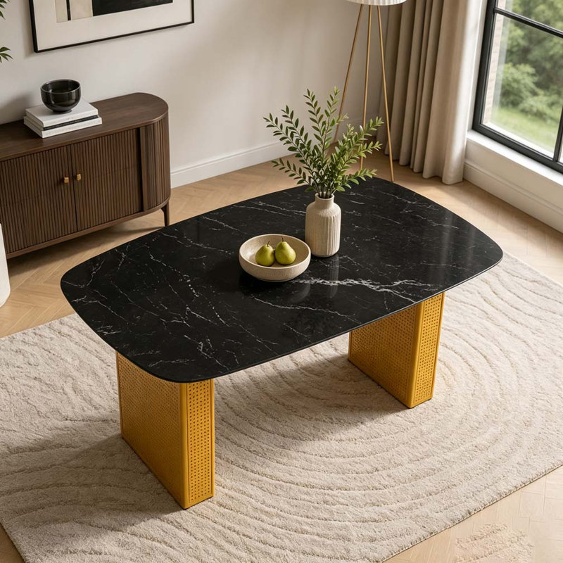 Table de salle à manger rectangulaire moderne en verre trempé avec motif en marbre, Noir et or