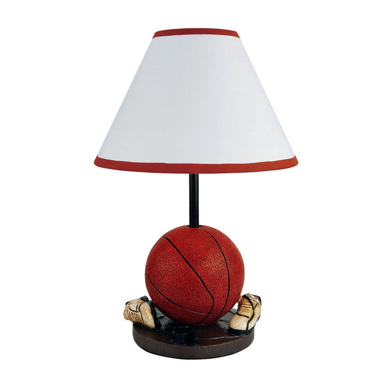 Lampe de table pour enfant 15 po en forme de basketball - Lampe d'appoint en polyrésine avec abat-jour conique en lin pour chambre d'enfant