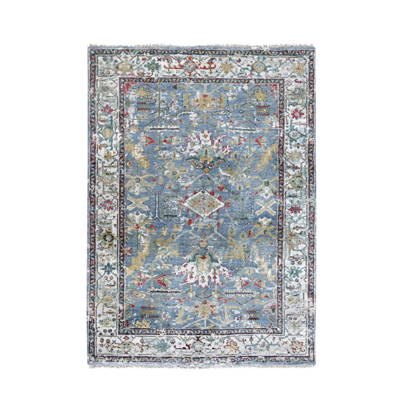 Tapis bleu noué à la main 4 pi 0 po x 5 pi 9 po Heriz