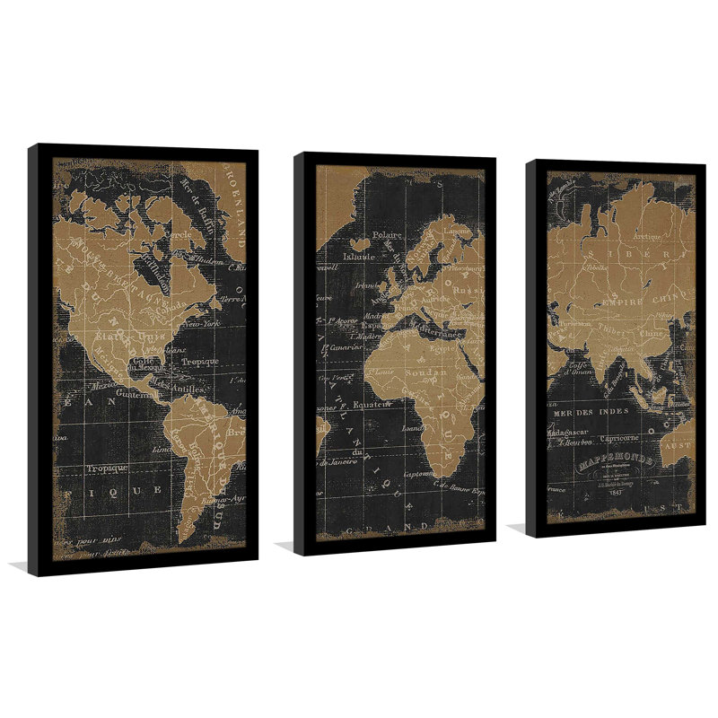 "Mappemonde Borderless Black Gold" par Pela Studio, reproduction de 3 pièces sur acrylique, H 25,5 po x l 40,5 po x P 1 po
