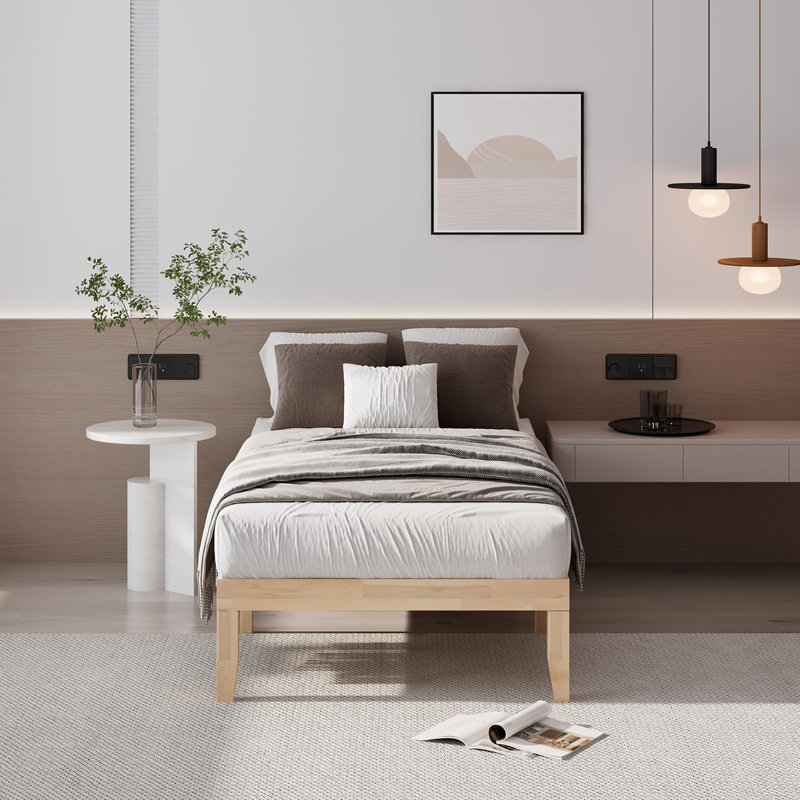 Base de lit plateforme en bois massif 14 pouces, Naturel, Lit simple