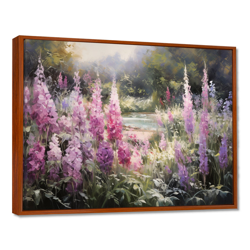 Impression d'art mural mauve, forêt de salves, fleurs sauvages, Toile avec cadre flottant brun, H 24 po x l 32 po x P 1 po