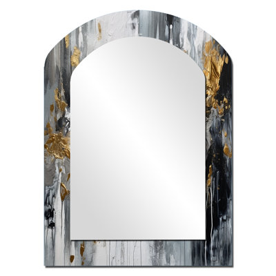 Black And White Delicate Brushstrokes I - Marble Asymmetrical Decorative Mirror, Modern Arch Large Wall Mirror, Printed Metal Art