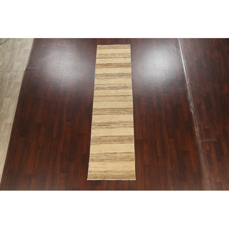 Tapis de couloir beige en laine noué à la main de conception unique 2 pi 8 po x 10 pi 6 po New Age