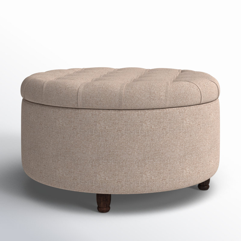Upholstered Ottoman, Taupe, Brown Wood